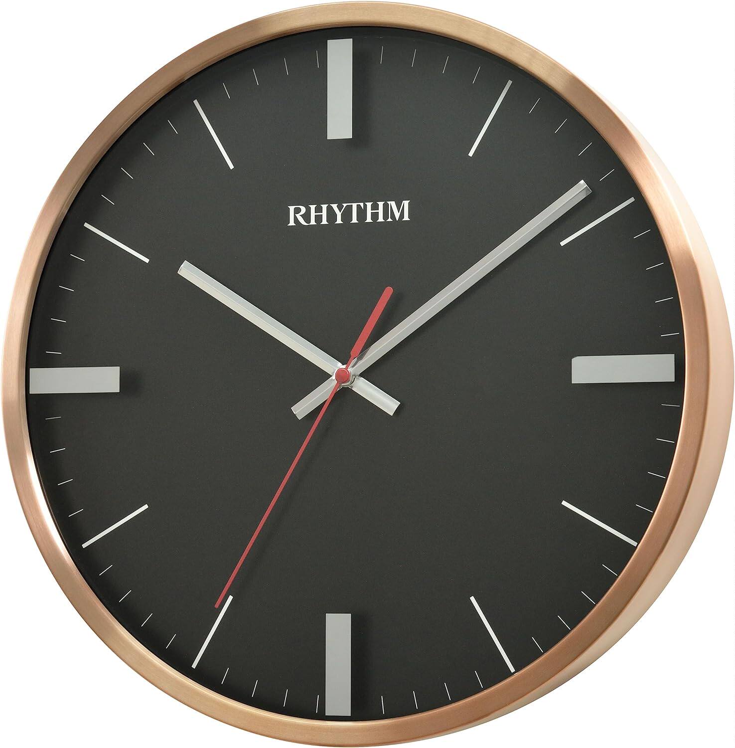 日本量贩 rhythm丽声42cm铝制框简约轻奢静音客厅挂钟cmg604nr13