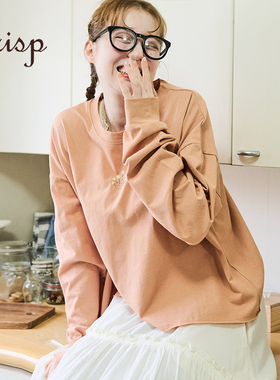 CRISP日系小花刺绣长袖T恤女纯棉宽松慵懒风薄款上衣2025春季新款