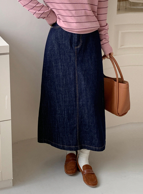 CRISP日系穿搭水洗蓝色牛仔半身裙长款后开叉A字半裙2025秋季新款