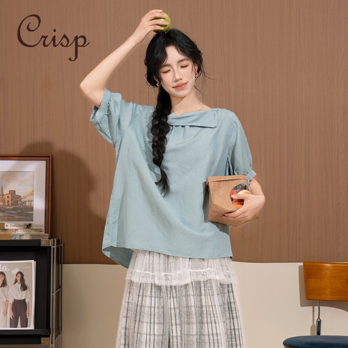 CRISP日系斜边翻领100%亚麻衬衫