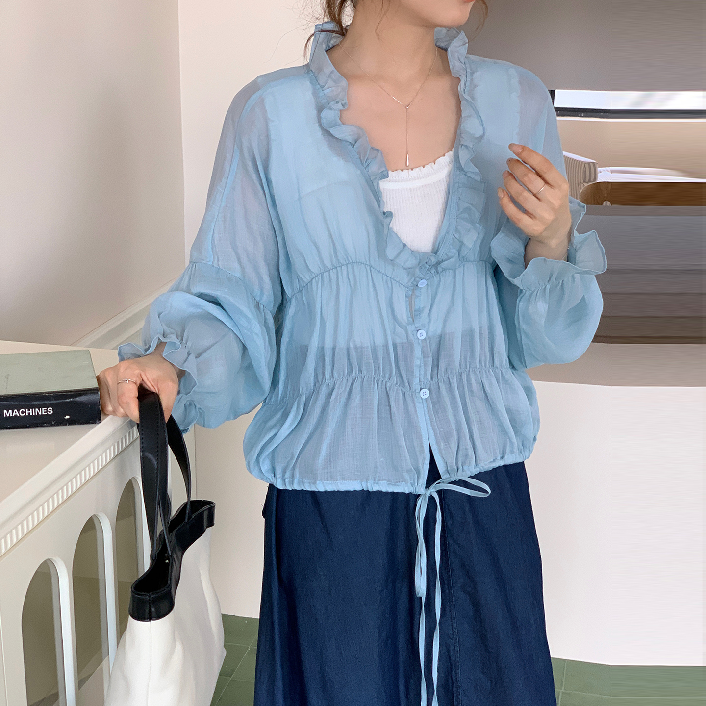 CRISP日系穿搭100苎麻木耳边微透衬衫女褶皱系带上衣2025秋季新款