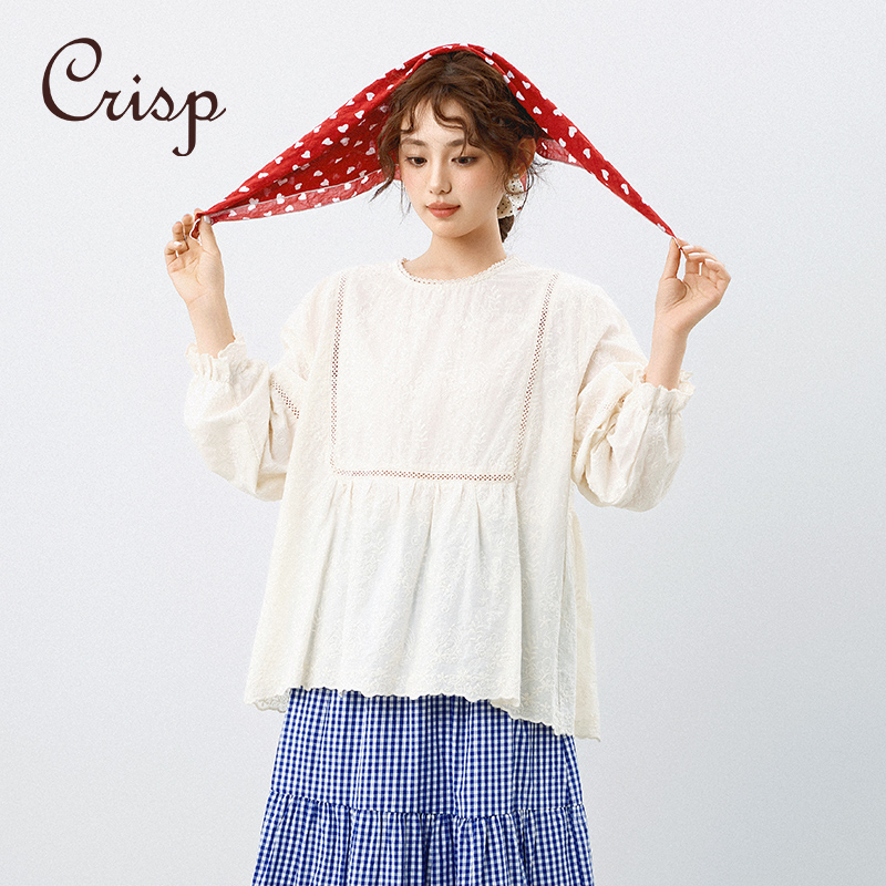 CRISP日系文艺重工刺绣花边领小衫女衬衫套头娃娃衫2025春季新款