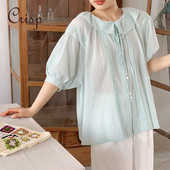 CRISP日系穿搭轻薄微透短袖 新款 衬衫 女大翻领系带上衣2025夏季