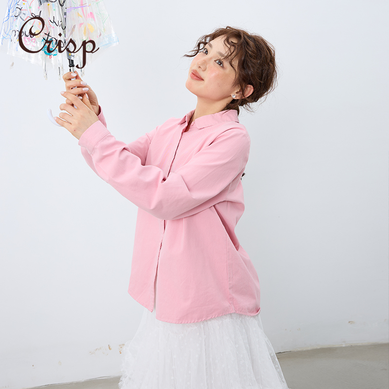 CRISP日系穿搭粉色纯棉衬衫女通勤长袖衬衣内搭叠穿2025春季新款