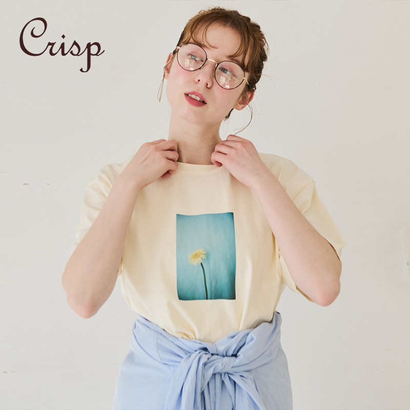 CRISP日系穿搭落肩印花短袖T恤女纯棉小众不撞款上衣2025夏季新款
