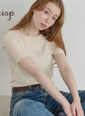 CRISP日系穿搭轻薄针织短袖T恤女撞色木耳边正肩上衣2025夏季新款