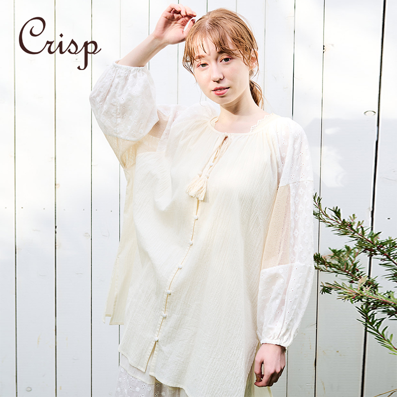CRISP日系绣花网纱拼接衬衫女中长款侧开叉宽松上衣2024春夏新款