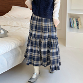 CRISP日系穿搭磨毛格纹A字半身裙木耳边荷叶摆长裙子2025秋冬新款