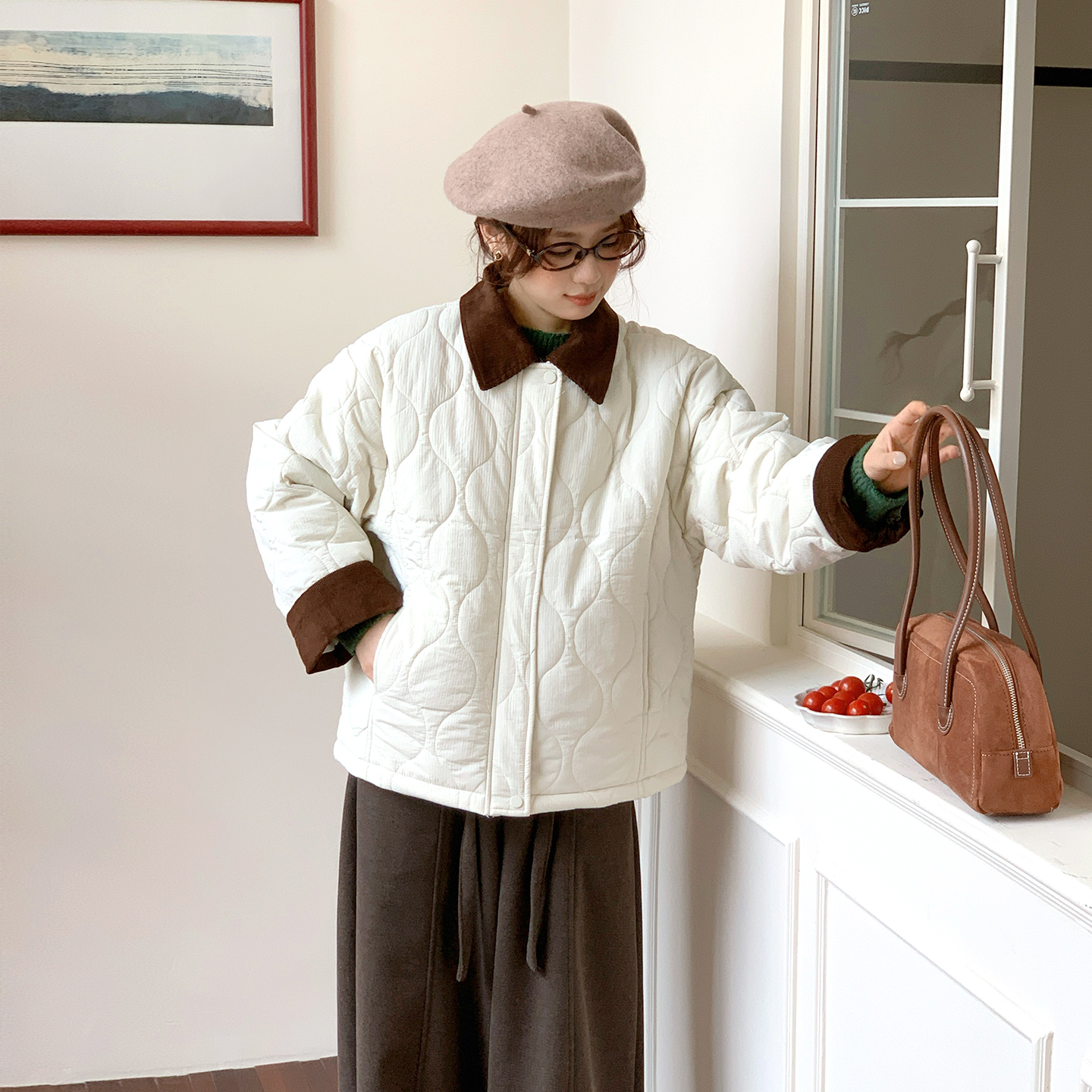 CRISP日系穿搭灯芯绒拼接翻领绗缝棉服女夹棉外套2025秋冬新款