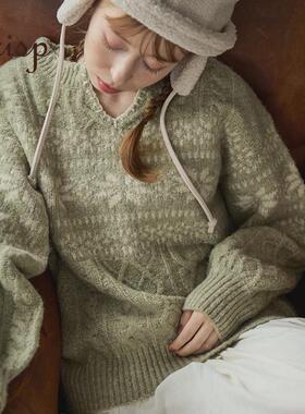 CRISP日系穿搭圣诞重工提花费尔岛毛衣女套头针织衫2024秋冬新款