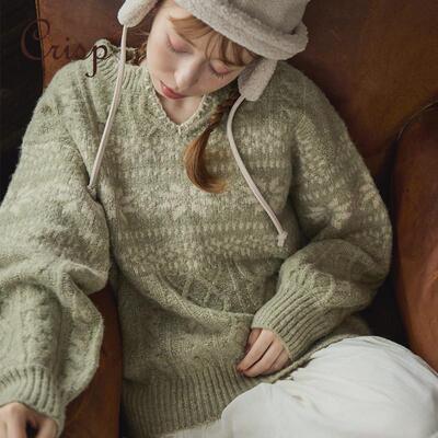 CRISP日系重工提花费尔岛v领毛衣