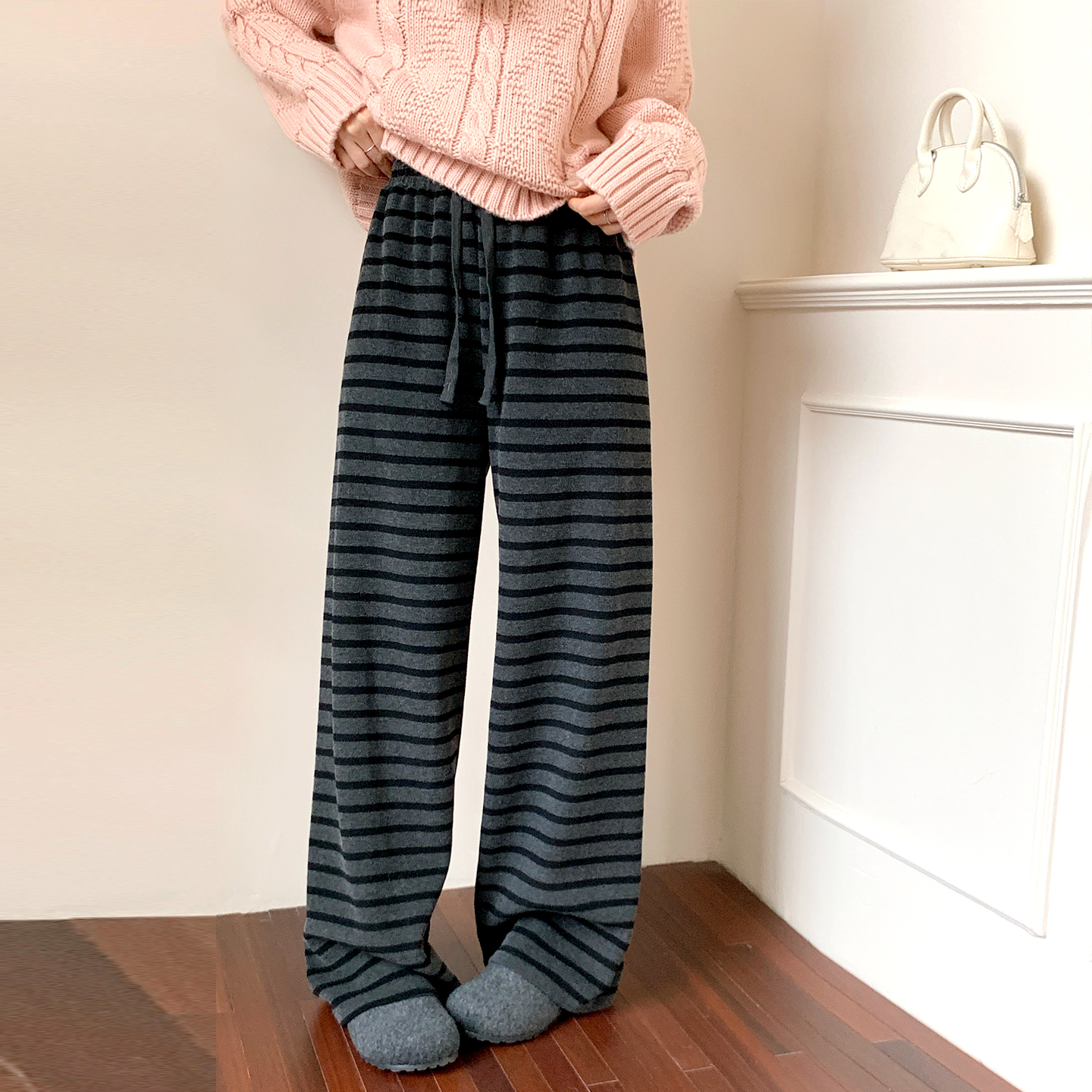 CRISP日系穿搭条纹软糯直筒裤女拖地裤垂感休闲裤2025秋冬新款