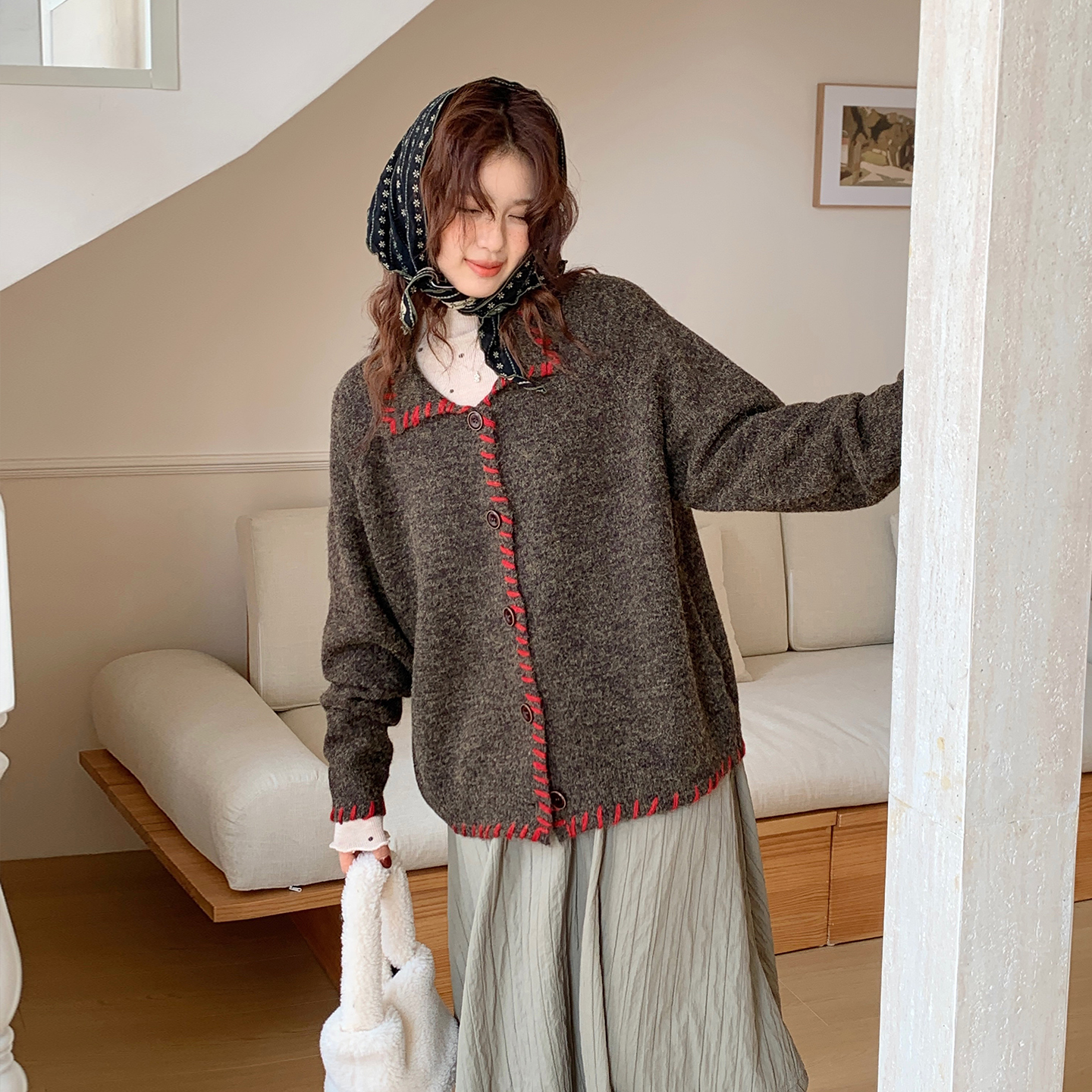 CRISP日系穿搭撞色勾线针织开衫女小翻领慵懒风毛衣2025秋冬新款