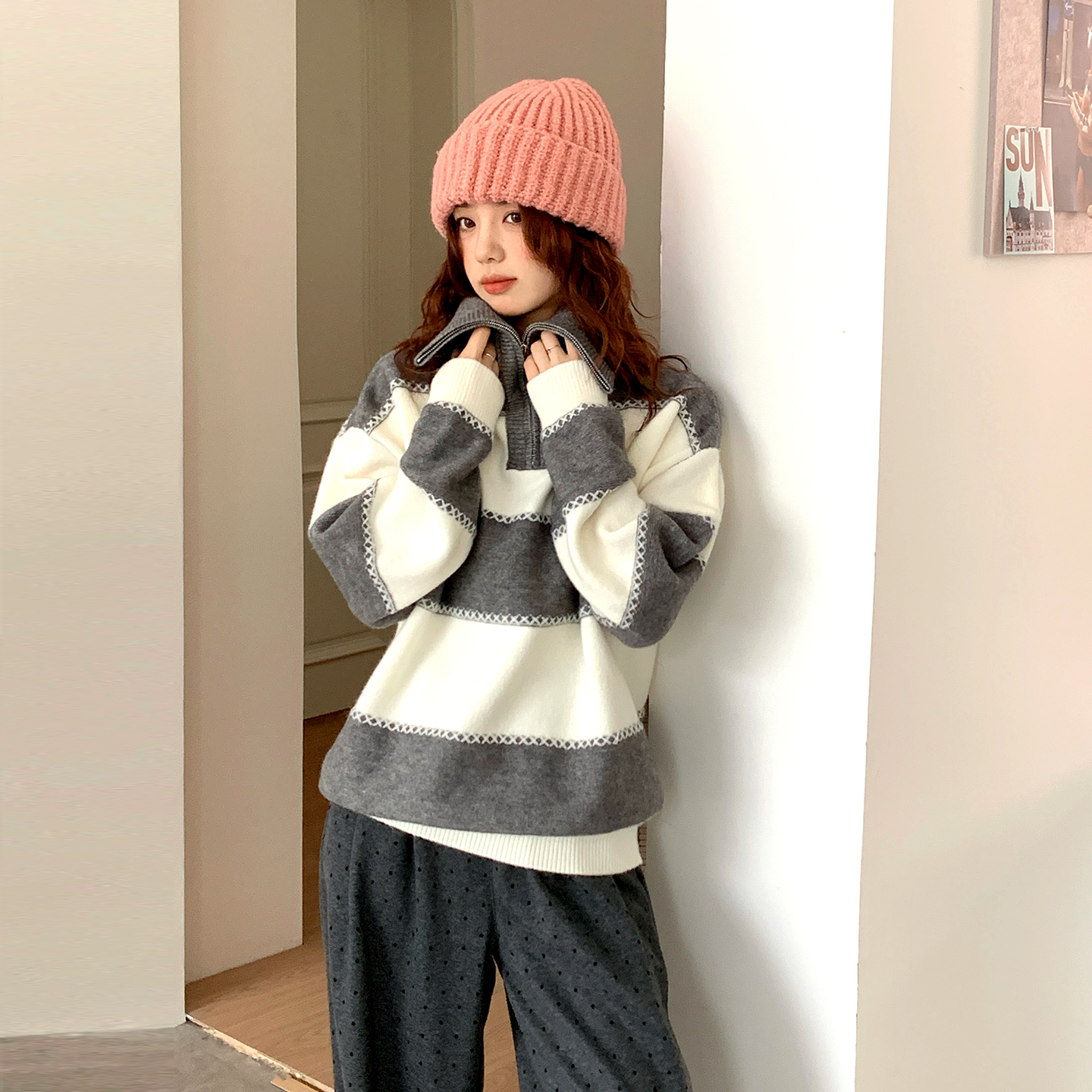 CRISP日系穿搭半拉链条纹针织衫女毛衣内搭可外穿2025秋冬新款