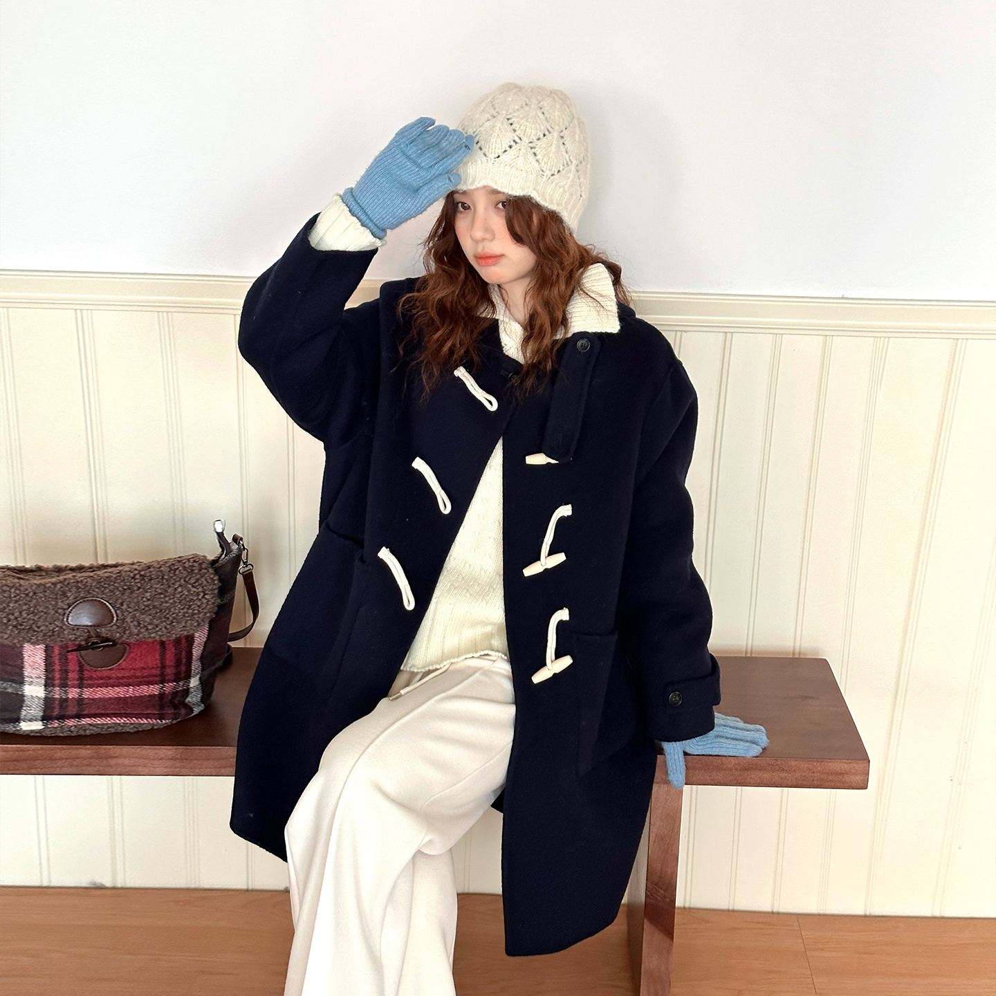 CRISP日系穿搭牛角扣连帽毛呢外套中长款羊毛大衣女2025冬季新款