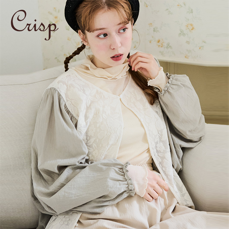 CRISP日系穿搭绣花蕾丝拼接衬衫女宽松设计感小衫2025春季新款