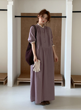 CRISP日系穿搭风琴褶连衣裙七分袖宽松简单大方长裙2025秋季新款