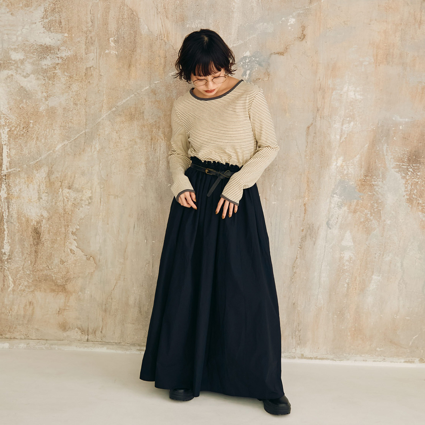 CRISP日系穿搭条纹针织假两件拼接连衣裙收腰长裙子2025秋季新款