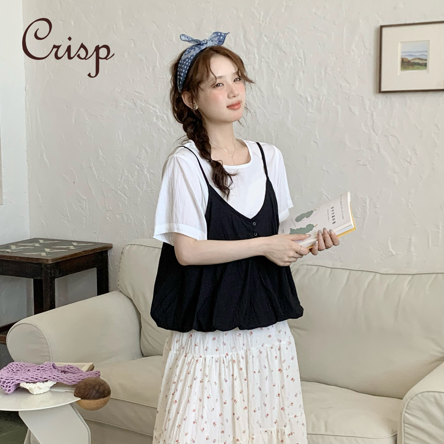 CRISP日系穿搭假两件短袖T恤女巨好看设计感上衣小衫2025夏季新款