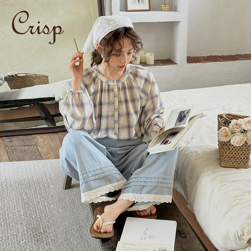 CRISP日系穿搭复古格纹圆领长袖衬衫女纯棉半扣小衫2025春季新款