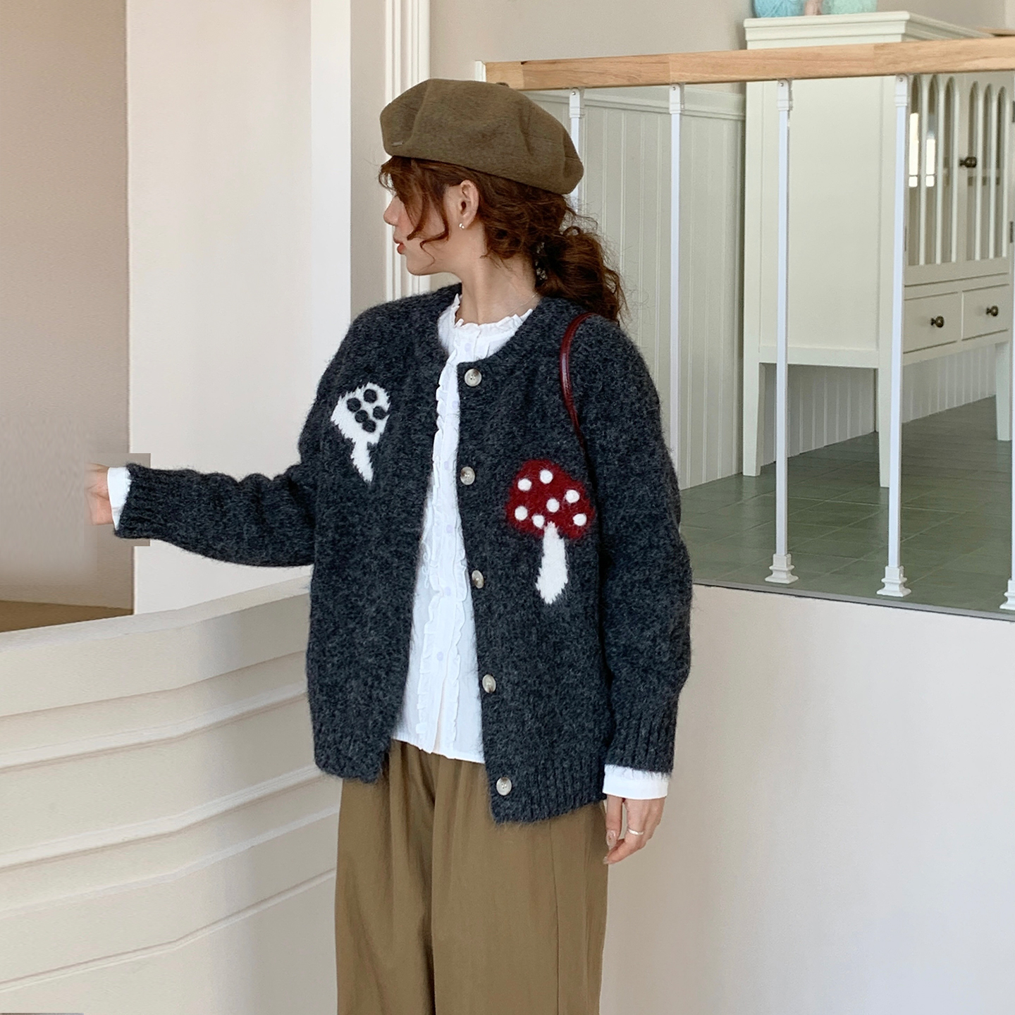 CRISP日系穿搭植物提花羊毛混纺针织衫外套毛衣开衫2025秋冬新款