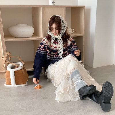 CRISP日系穿搭复古风提花套头针织衫女宽松毛衣上衣2025秋冬新款