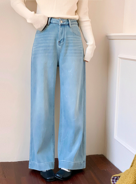 CRISP日系水洗加绒蓝色牛仔裤女版型超好看的直筒裤2025冬季新款