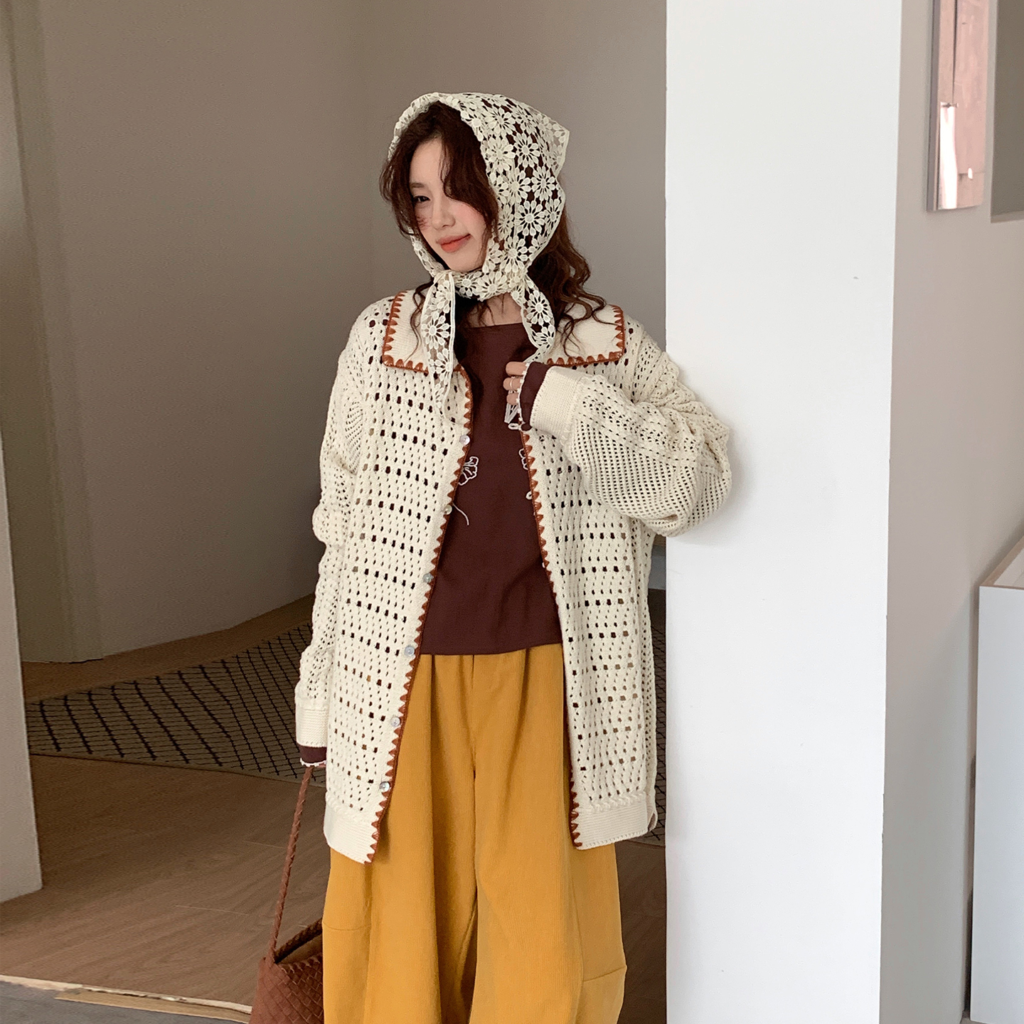 CRISP日系穿搭撞色镂空针织开衫薄款POLO领慵懒上衣2025秋冬新款