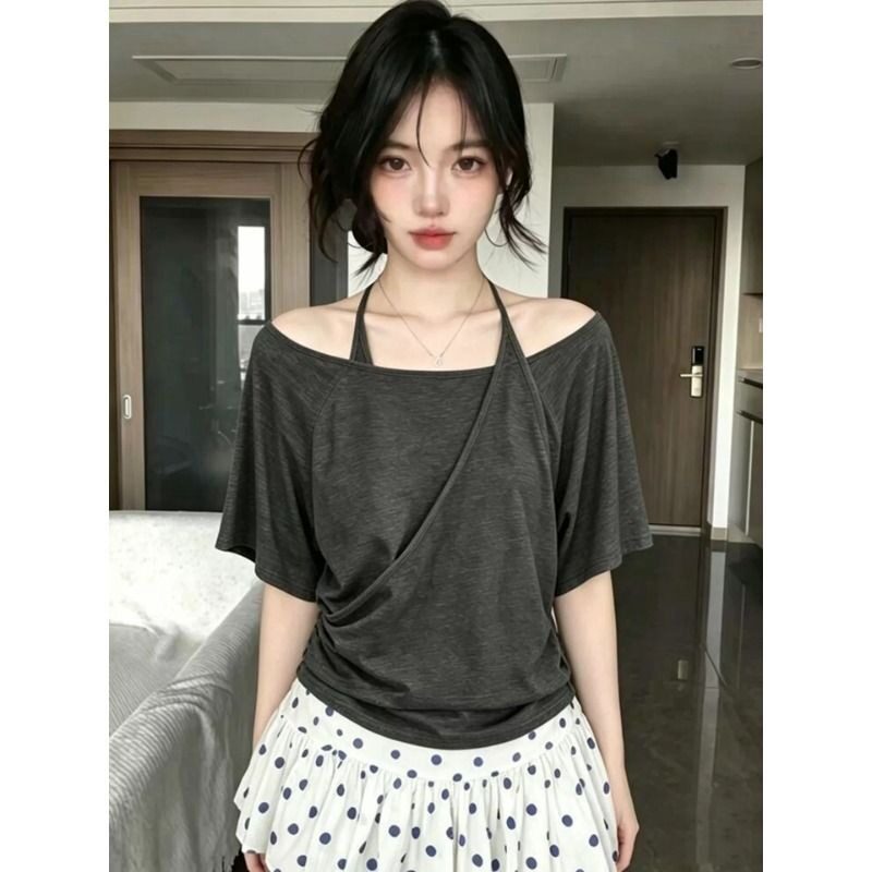 美式复古假两件挂脖短袖T恤女夏季设计感修身显瘦慵懒风百搭上衣