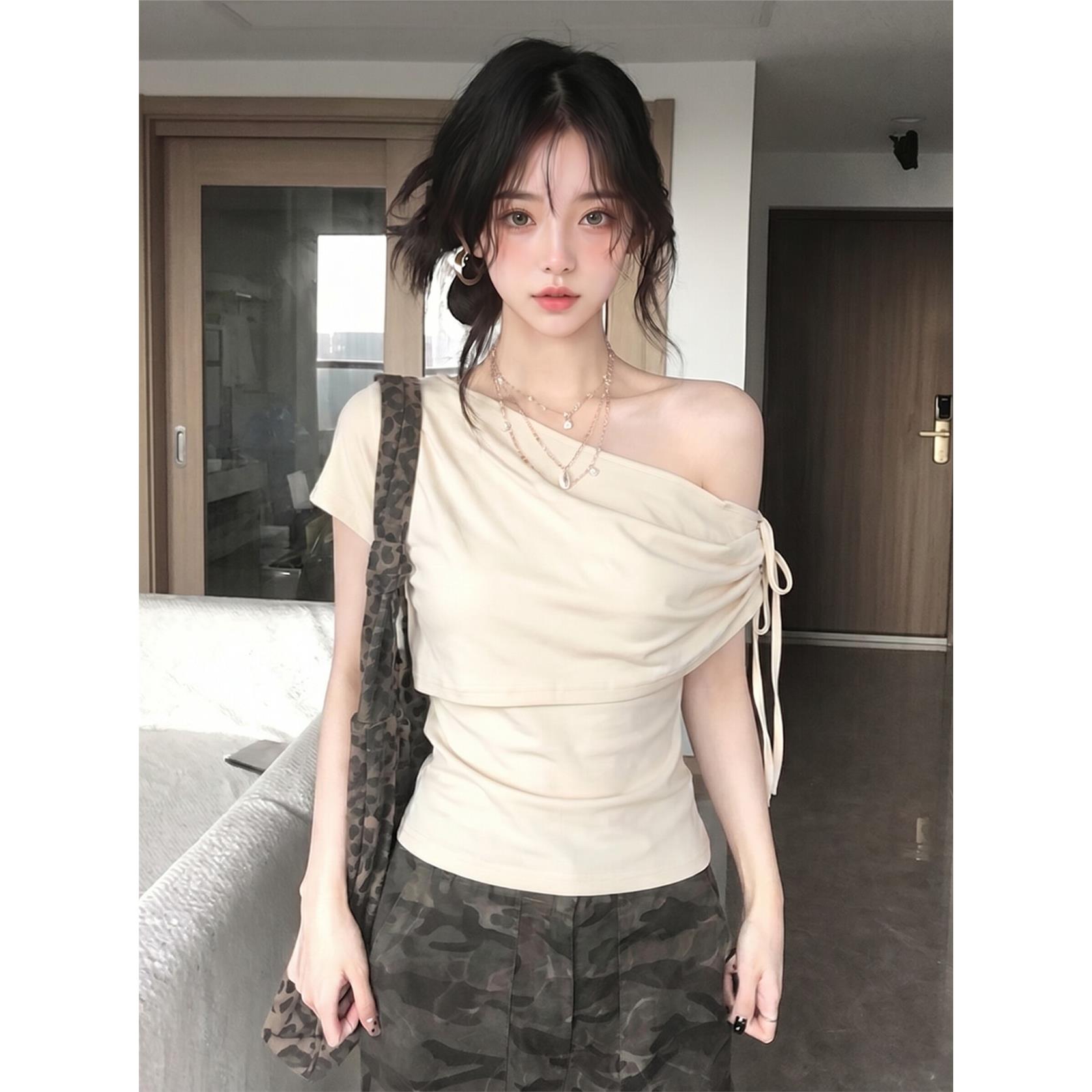 斜肩绑带短袖t恤女夏季穿