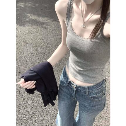 柔软短款背心新款蕾丝花边吊带背心春秋街拍螺纹修身纯欲风慵懒