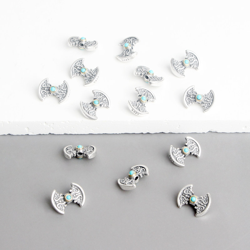 S925纯银复古钺刀造型配饰金刚绿松石装饰手工DIY串珠手链配件