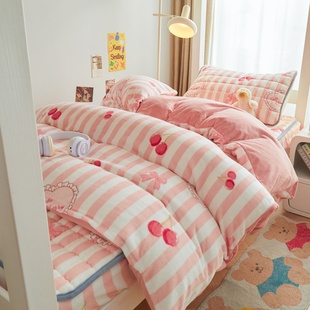 秋冬天牛奶绒学生宿舍床上三层加厚夹棉床笠90x190cm三件套女生