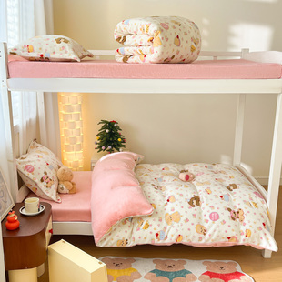 秋冬天粉色女生学生宿舍床上三件套牛奶绒1米35床品床笠款四件套