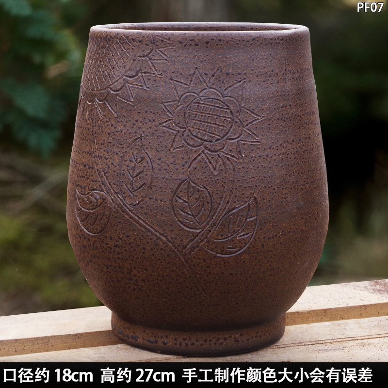 宜兴紫砂花盆全手工刻绘精美图案花瓶插花干花家居客厅摆件创意
