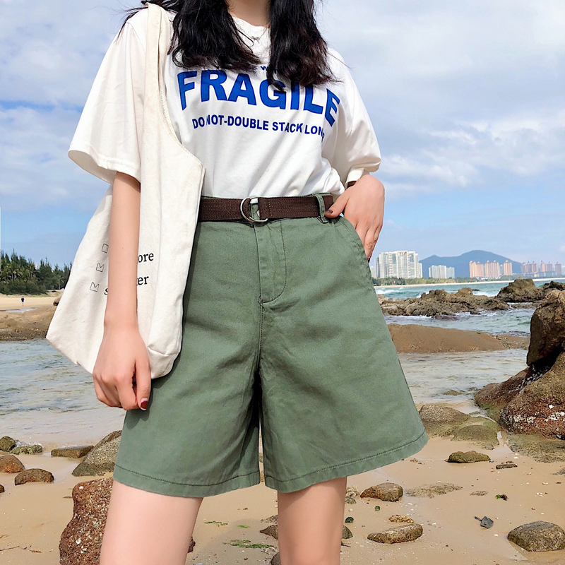 Real shot and real price military green Korean BF loose wide leg tooling, panties and belts