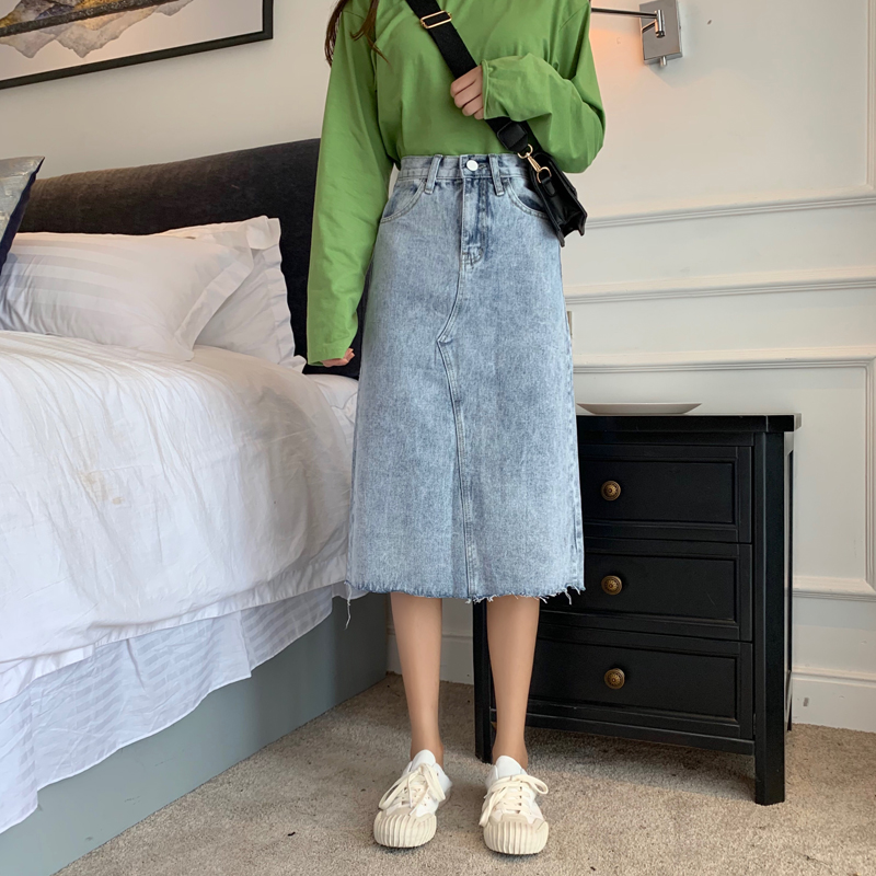 Real shot real price early spring new high waist thin Retro Mid long denim skirt