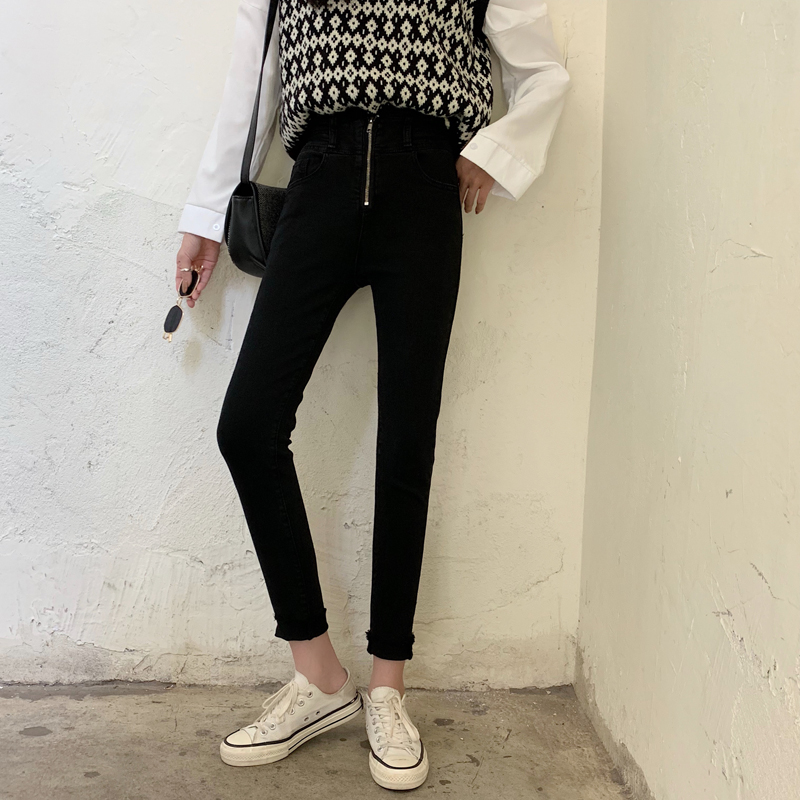 Real shot real price: new high waist with thin elastic middle zipper Korean jeans Leggings in autumn and winter 2020
