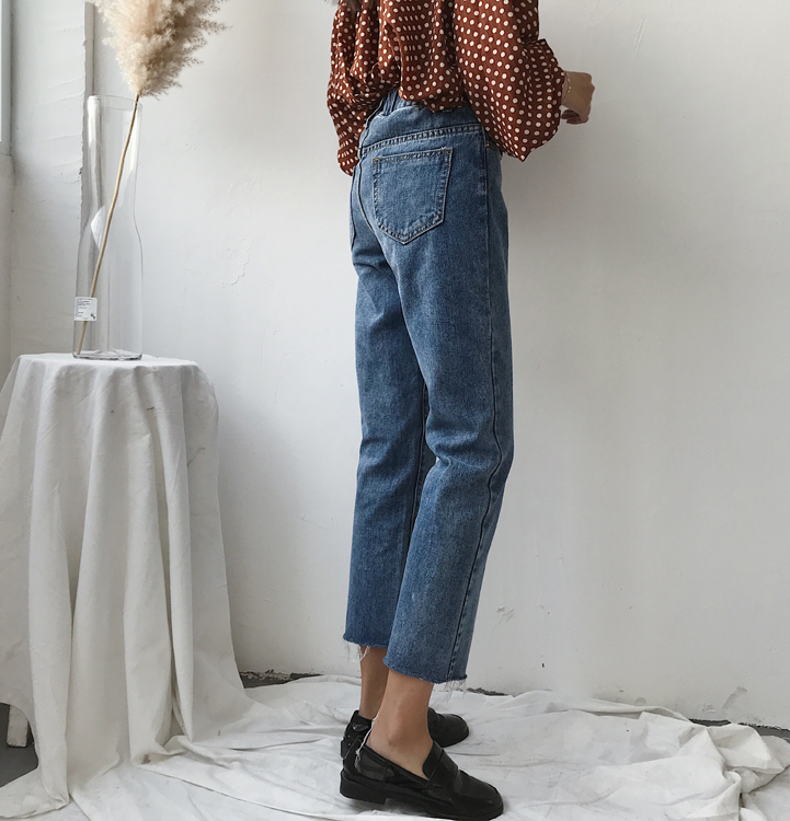 Real shot real price new Korean style personalized rip edge jeans basic versatile semi elastic waist Capris