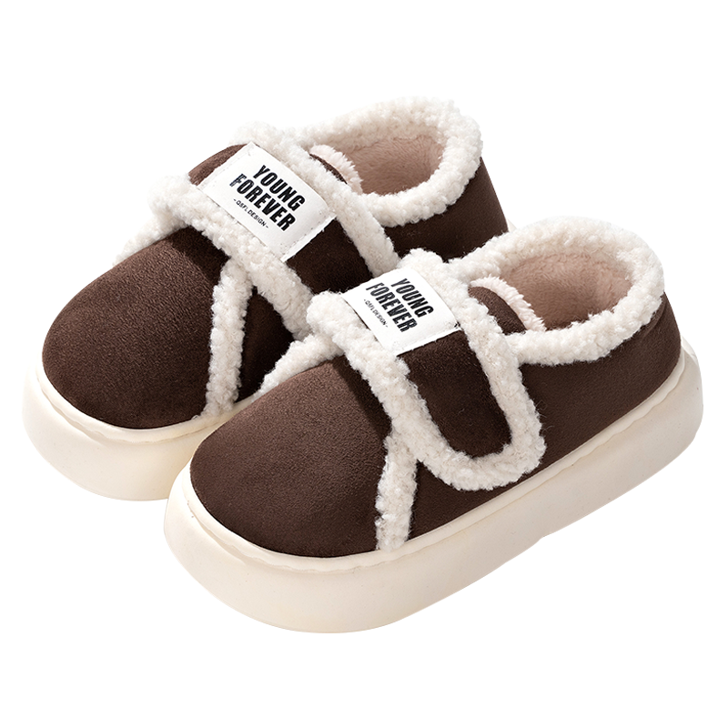 韩版复古百搭魔术贴冬季棉鞋女包跟加绒保暖居家外穿羊羔绒棉拖鞋