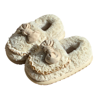 可爱蝴蝶结冬季棉鞋女士包跟居家加绒室内保暖防滑棉拖鞋厚底外穿
