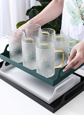 长方形彩色收纳盘带把手铁艺托盘轻奢首饰盘墨绿家用茶几水杯盘子
