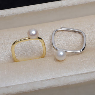 s925纯银方形指环天然淡水真珍珠开口活口可调节小方戒指百搭女款