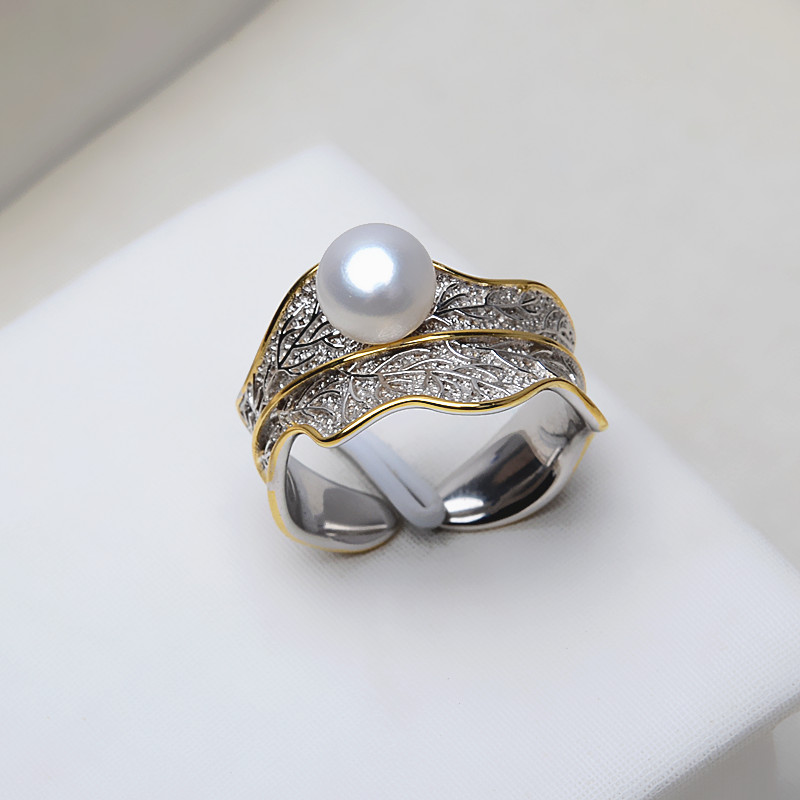 天然淡水真珍珠戒指s925纯银分色仿古活口开口可调节女款戒指环圈