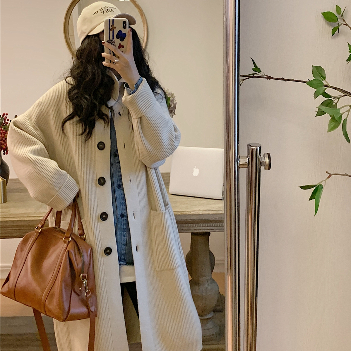 厚实慵lan粗棒针大毛衣开衫女韩版宽松中长款休闲单排扣针织外套