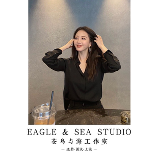 轻熟气质 雪纺上衣女春秋 黑色防走光暗门襟长袖 简约通勤职业衬衫