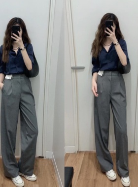 【硅谷精英】藏蓝色长袖丝缎衬衫灰色西装长裤女套装通勤职场穿搭