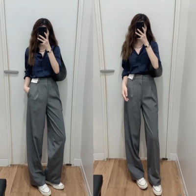 【硅谷精英】藏蓝色长袖丝缎衬衫灰色西装长裤女套装通勤职场穿搭