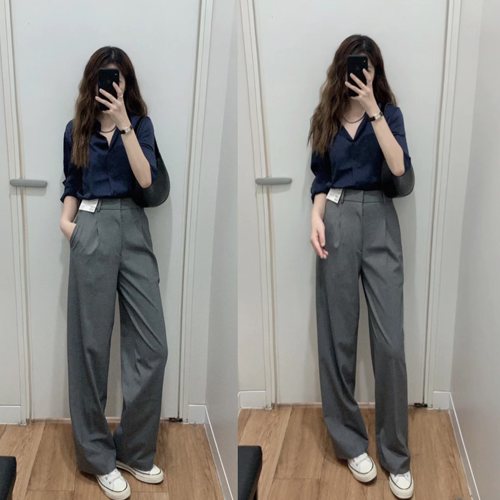 【硅谷精英】藏蓝色长袖丝缎衬衫灰色西装长裤女套装通勤职场穿搭