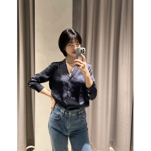 丝缎衬衫 领长袖 藏蓝色西装 女通勤气质职业穿搭衬衣 简约智性风